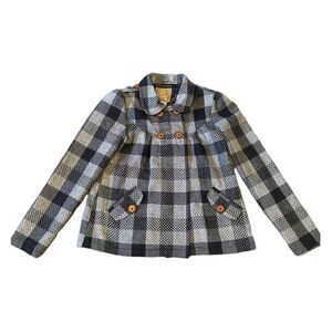 Billabong Black Gray Plaid Wool Blend Textured Pea Coat Size Large
